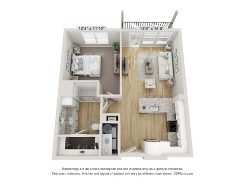 Floor plan for 1 bed, 1 bath, 685 sqft
